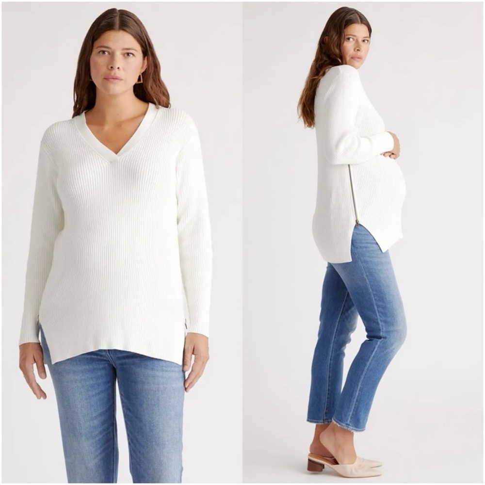 Quince White V-Neck Ribbed Maternity Sweater